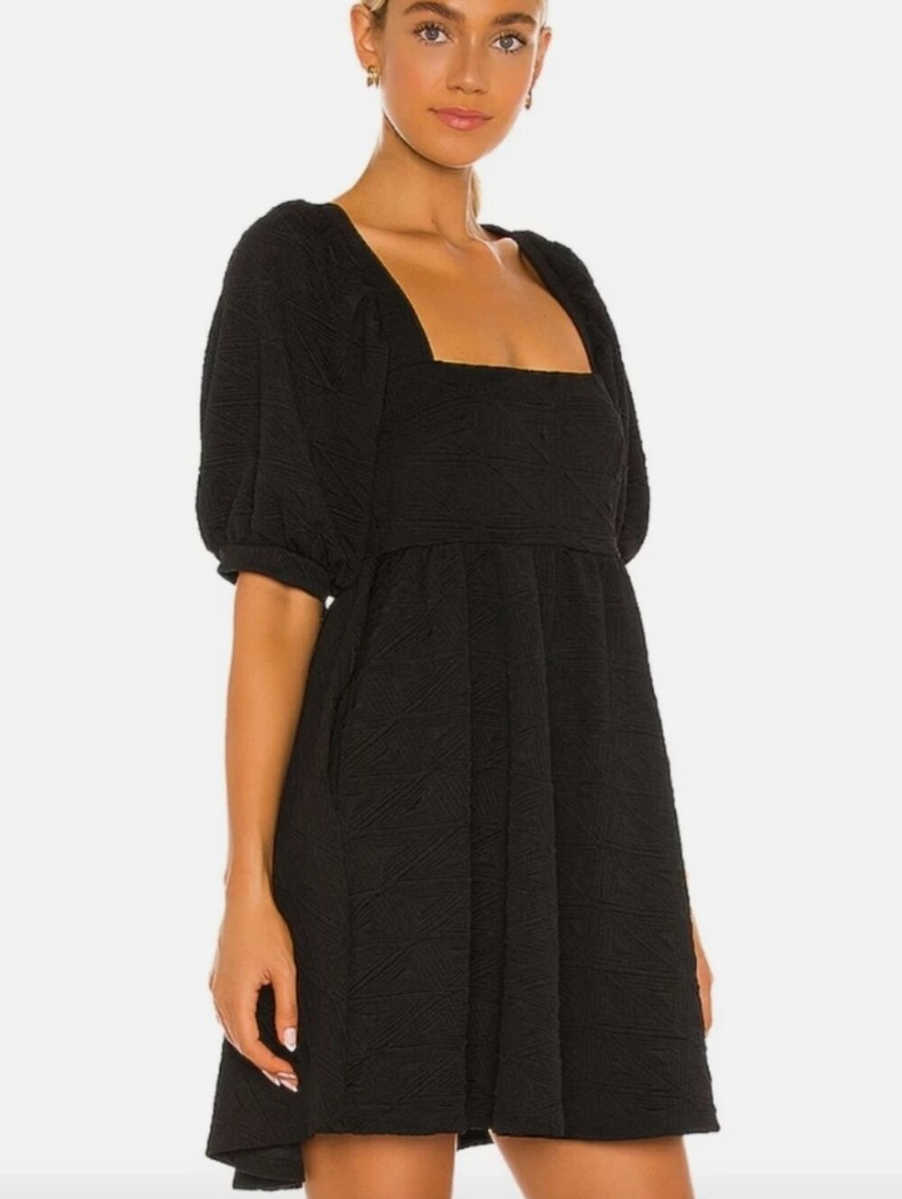 Free People Violet Mini Dress Textured Puff Sleeve Black Open Back Size Small
